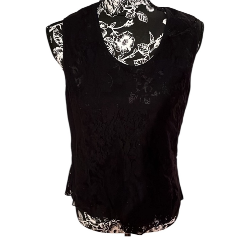 Cacique size XL black sleeveless lace scoop neck top lined front sheer back